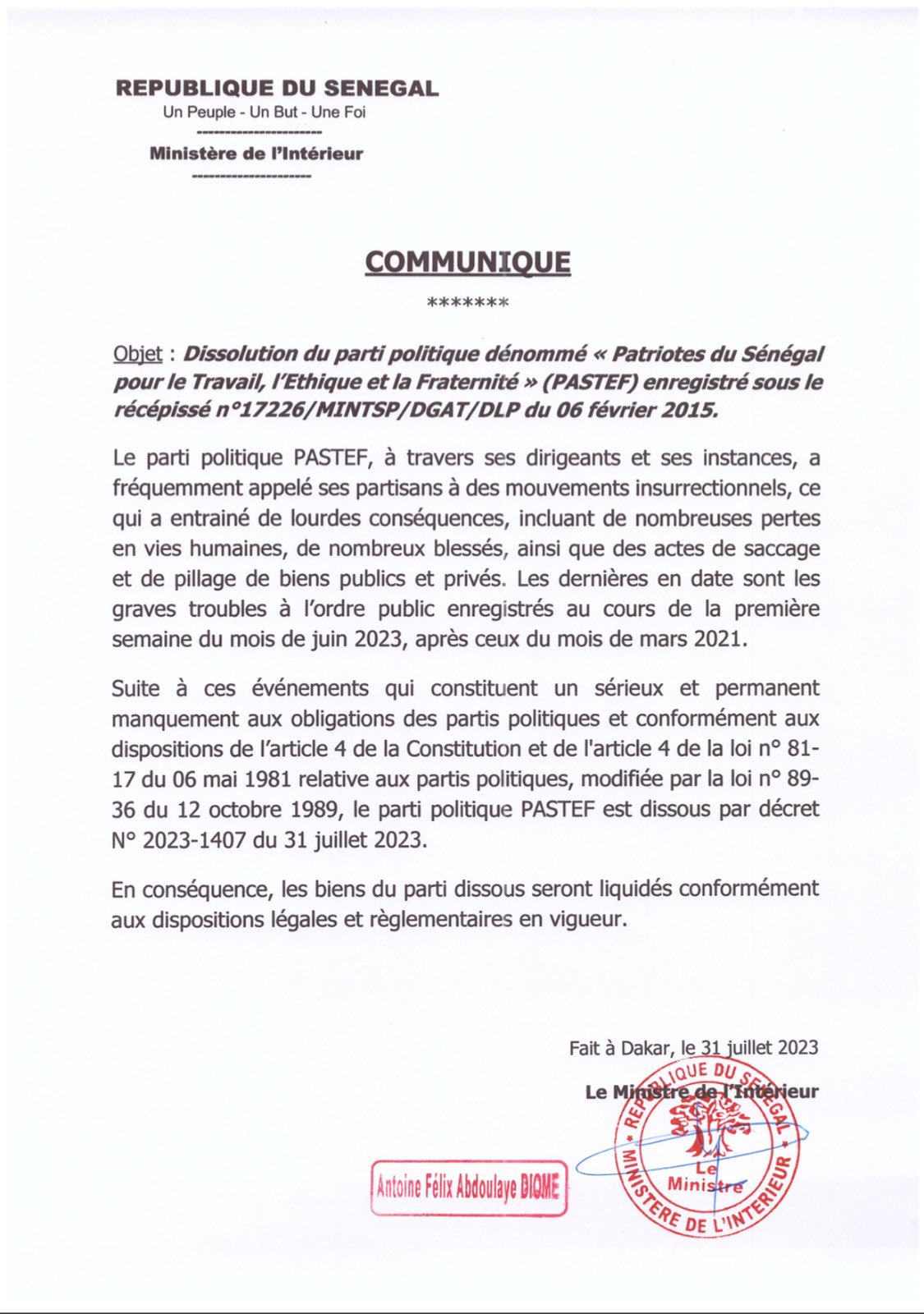 Sénégal : dissolution du PASTEF, le parti d'Ousmane Sonko