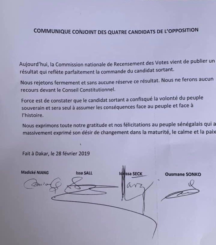 Idrissa Seck au nom des candidats de l’opposition : « Nous rejetons ce résultat commandé par le candidat sortant. Nous ne ferons aucun recours au conseil constitutionnel. »