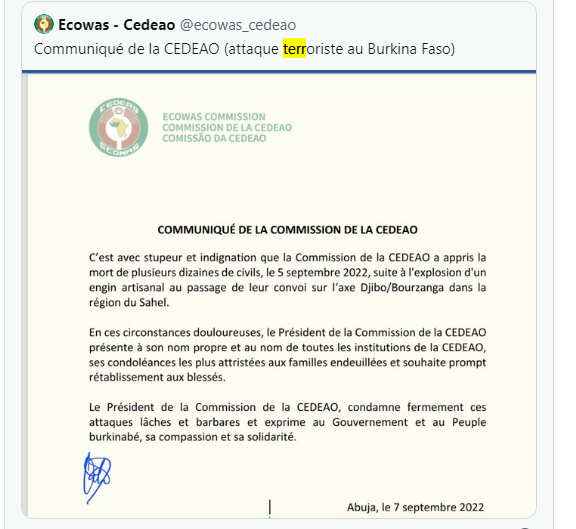 Attentats au Burkina Faso : la Cedeao s’indigne contre ces attaques « lâches et barbares »